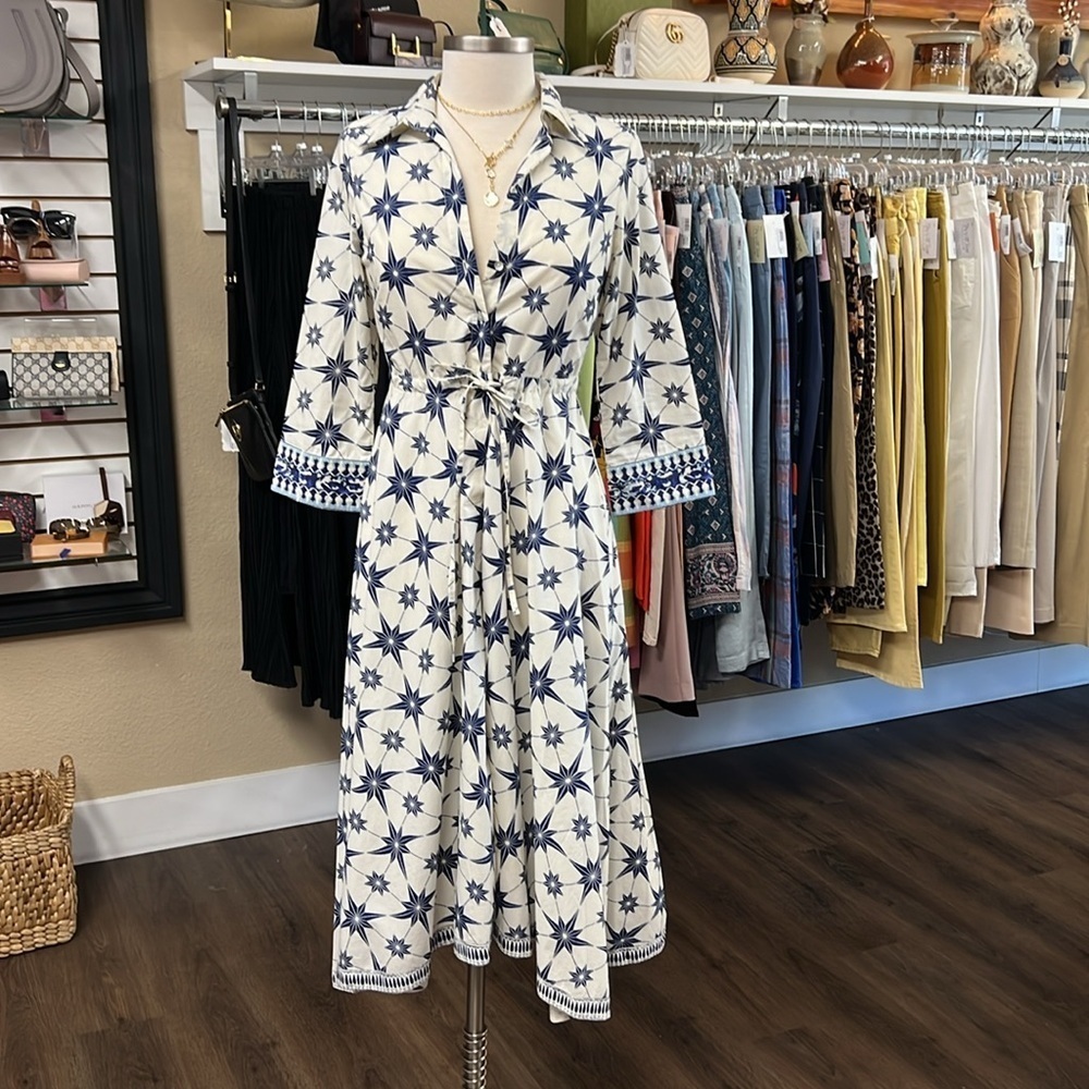 Le Sirenuse Positano NWT Lucy Blue Starburst Printed Cotton Sun Dress Size 38/2 - Picture 2 of 8